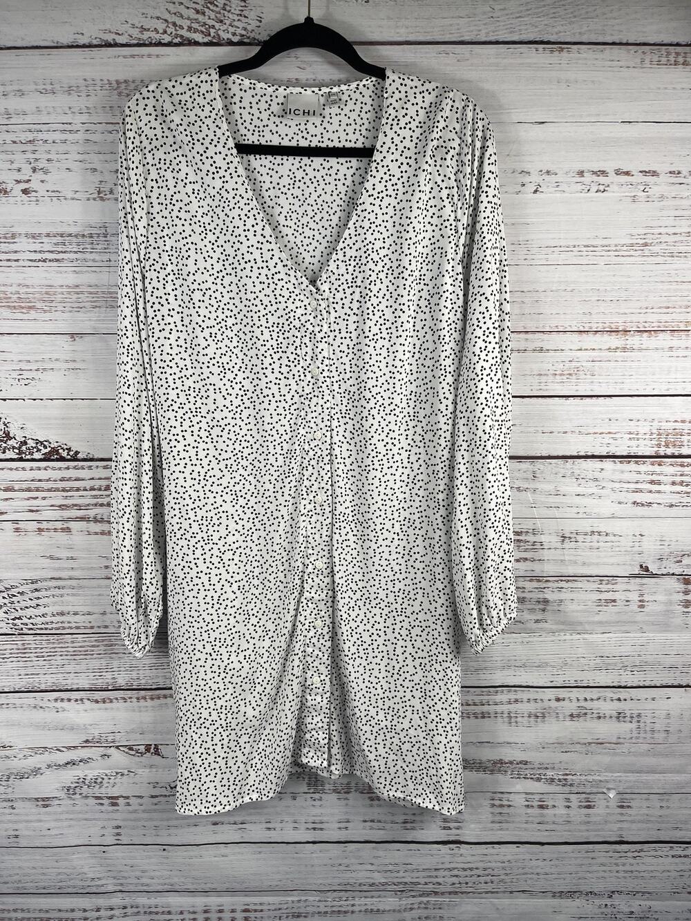 ICHI Dress Womens Size 40 US Large White Polka Dot V Neck Button Front Tie Waist